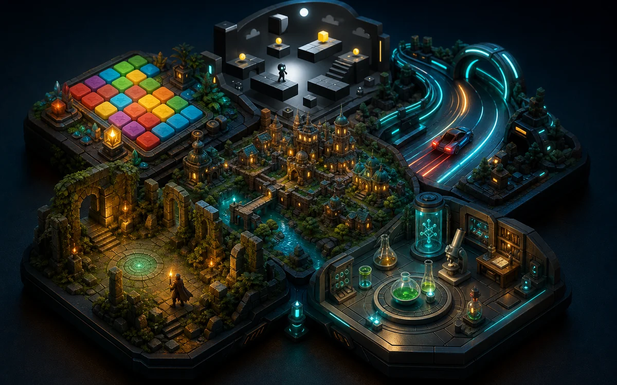 Ilustración abstracta relacionada con tipos de videojuegos móviles y sus necesidades